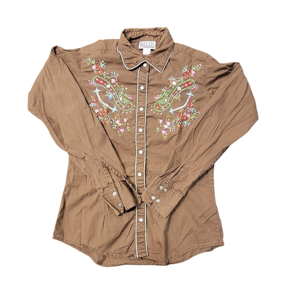 EUC Pink Cattlelac Women Brown Western Pearl Snap Shirt Embroidered Floral Small